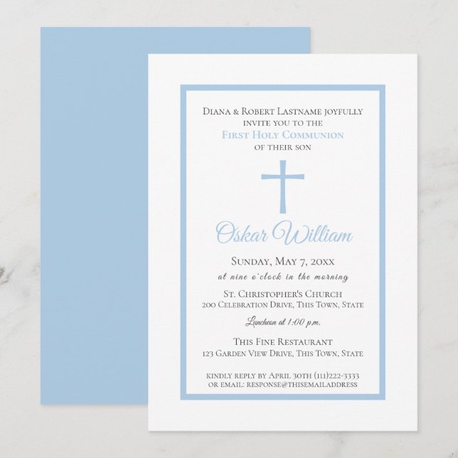 Invitación Comunión del marco azul suave (Anverso / Reverso)