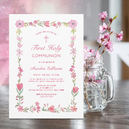 Invitación Comunión del marco floral rosa