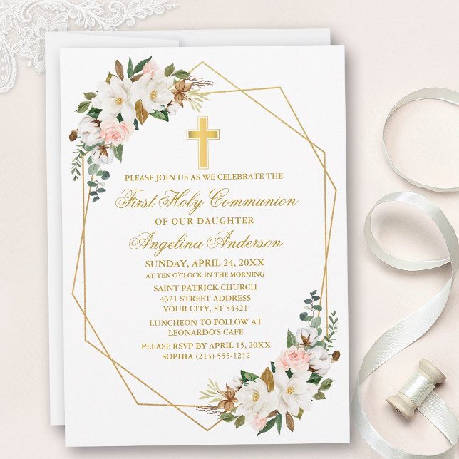 Invitación Comunión del marco geográfico de los Rosas de la M (Customize to change text color, size, style or to add photos or more text to back of card.)