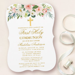 Invitación Comunión del oro de color blanco rosado floral