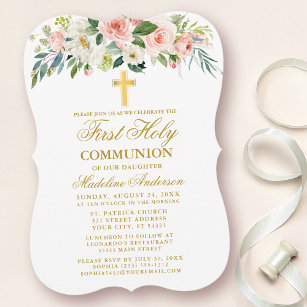 Invitación Comunión del oro de color blanco rosado floral