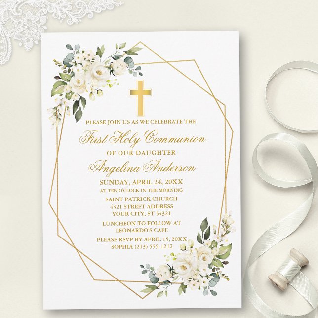 Invitación Comunión dorada del marco geográfico floral blanco (Customize to change text color, size, style or to add photos or more text to back of card.)