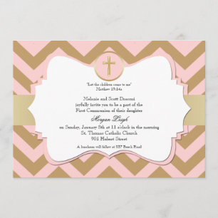 Invitación Comunión entre Chicas Chevron y Pink and Gold