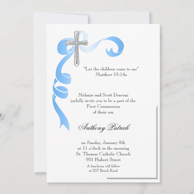 Invitación Comunión entre la plata de la cinta azul (Anverso)