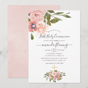 Invitación Comunión floral acuarela Beige y Rosa Dorado