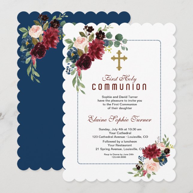 Invitación Comunión floral azul de la Marina de Borgoña (Anverso / Reverso)