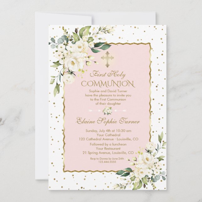 Invitación Comunión floral blanca de oro de lujo (Anverso)