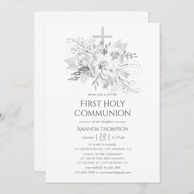 Invitación Comunión floral blanca y plateada (Anverso / Reverso)