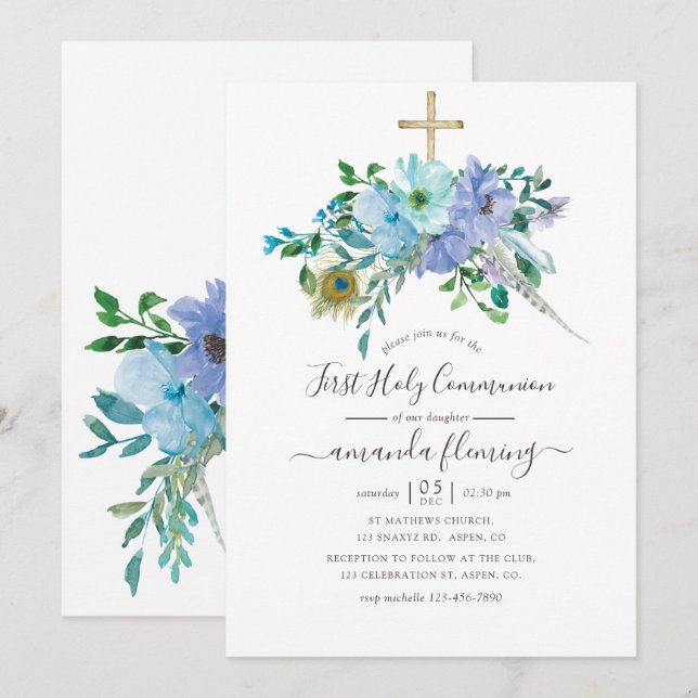 Invitación Comunión floral boho acuarela menta y azul (Anverso / Reverso)