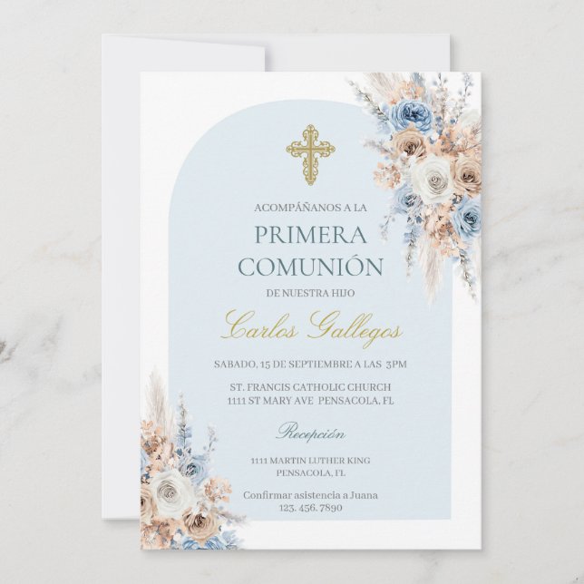 Invitación Comunión floral del boho azul claro (Anverso)