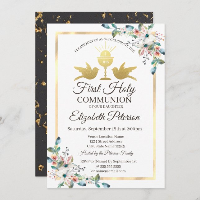 Invitación Comunión floral del marco dorado (Anverso / Reverso)