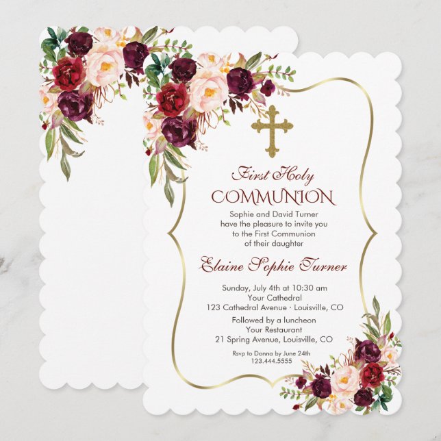 Invitación Comunión floral floral de lujo de Borgoña Rubor (Anverso / Reverso)