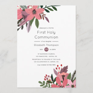 Invitación Comunión floral floral moderna y de ciruela grande