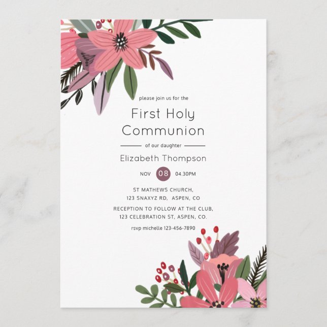 Invitación Comunión floral floral moderna y de ciruela grande (Anverso)