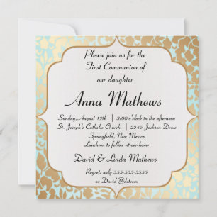 Invitación Comunión floral Metálica de oro Aqua