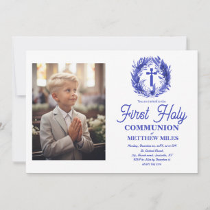 Invitación Comunión floral Minimalista azul primera católica
