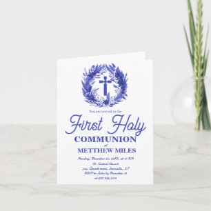 Invitación Comunión floral Minimalista azul primera católica