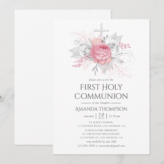 Invitación Comunión floral plateada e irisada y rosa (Anverso / Reverso)
