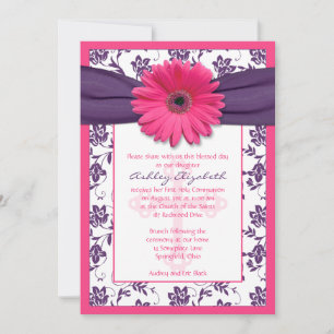 Invitación Comunión floral púrpura de margarita rosada