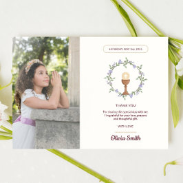 Invitación Comunión floral púrpura gracias a la foto