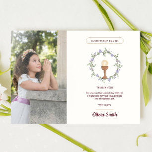 Invitación Comunión floral púrpura gracias a la foto