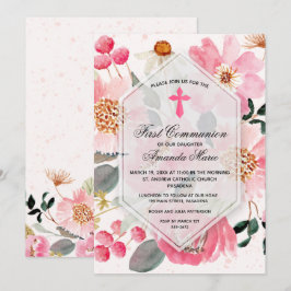 Invitación Comunión floral rosa acuarela