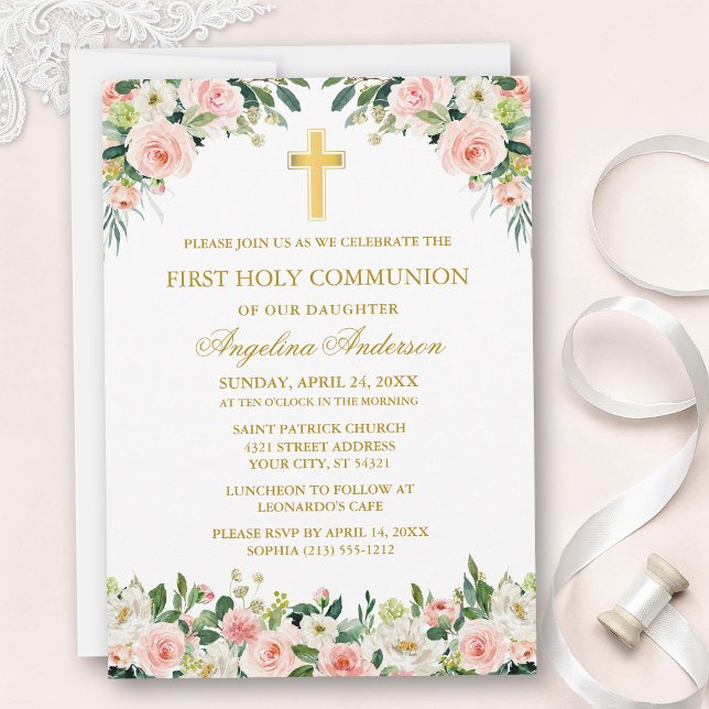 Invitación Comunión Floral Rosa Blanca Acuarela Dorado (Customize to change text size, text style or color.)