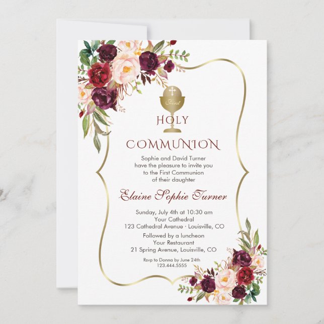 Invitación Comunión floral rosa borgoña de lujo (Anverso)