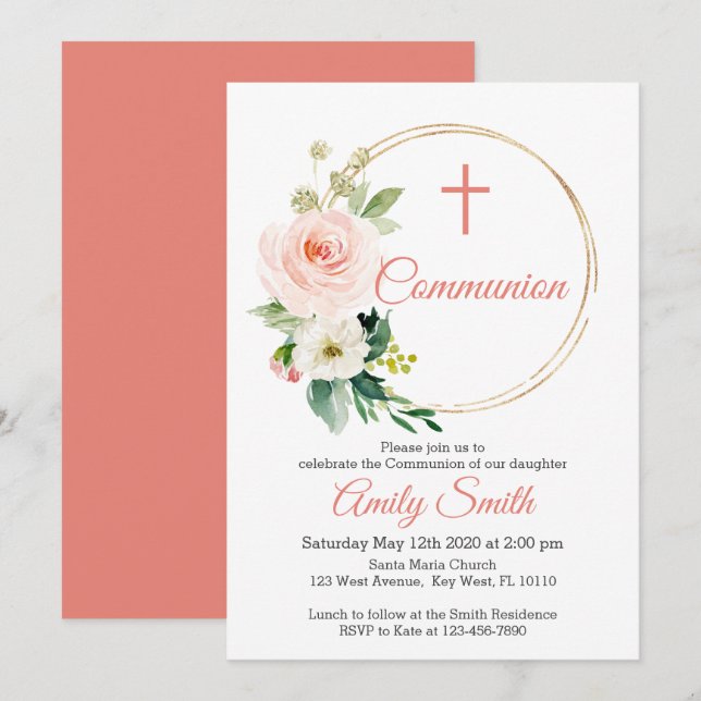 Invitación Comunión floral rosa de Rubor (Anverso / Reverso)