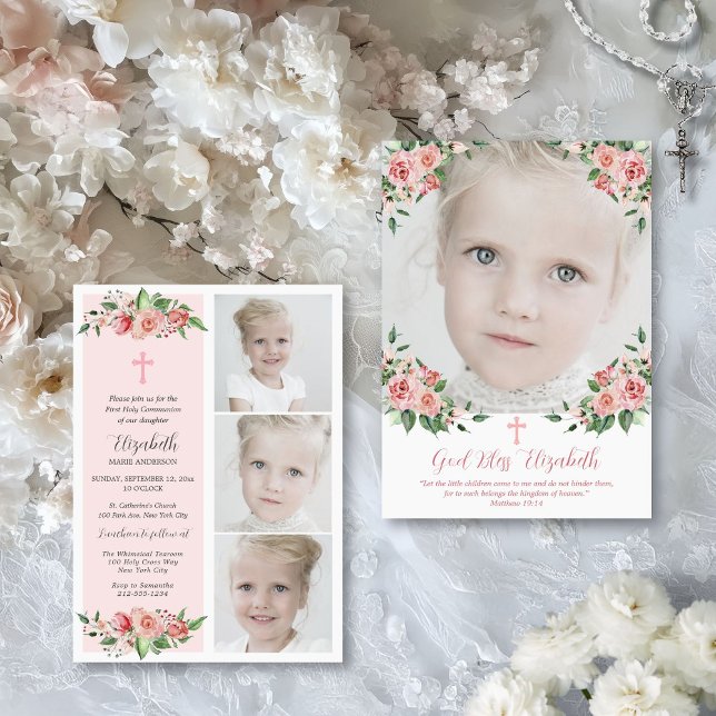 Invitación Comunión floral rosa multifoto para Chicas (First Holy Communion invitation for little girls with photo collage and keepsake backer)
