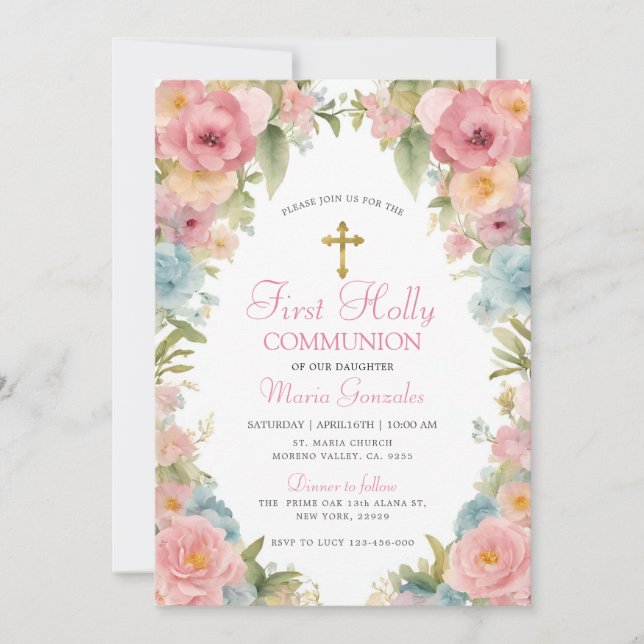 Invitación Comunión floral rosa primera (Anverso)