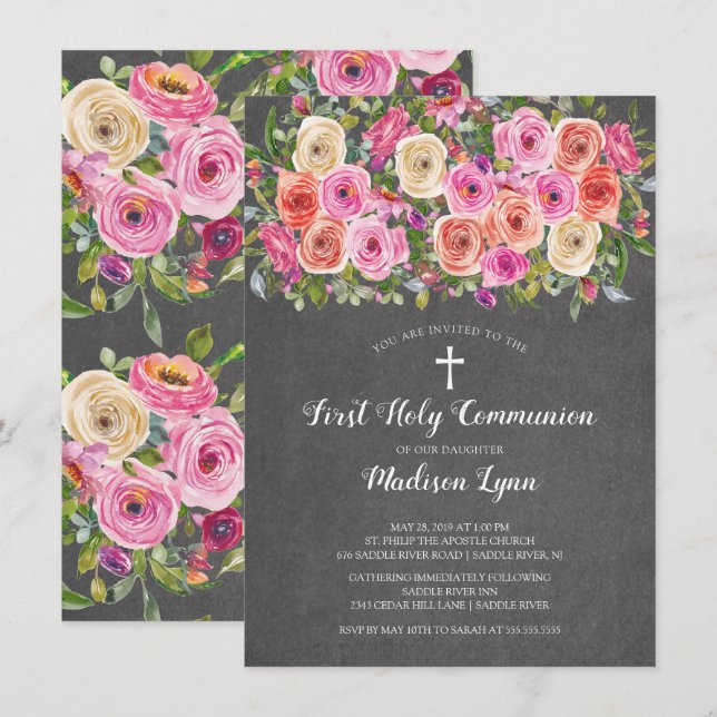 Invitación Comunión floral rosada de los Chalkboard modernos (Anverso / Reverso)