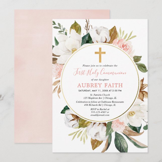 Invitación Comunión floral rugosa rosa rosa primera comunión (Anverso / Reverso)