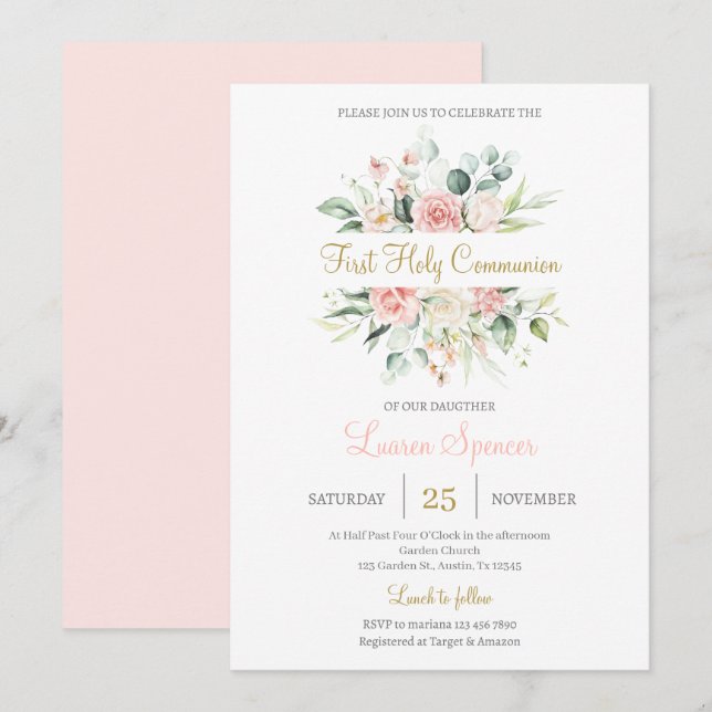 Invitación Comunión floral-sagrada por el chica (Anverso / Reverso)