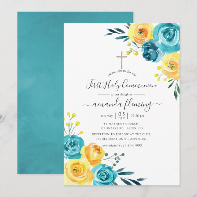 Invitación Comunión floral turquesa y amarillo (Anverso / Reverso)