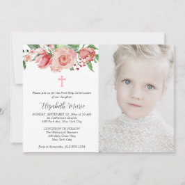 Invitación Comunión floral y fotográfica rosa para Chicas