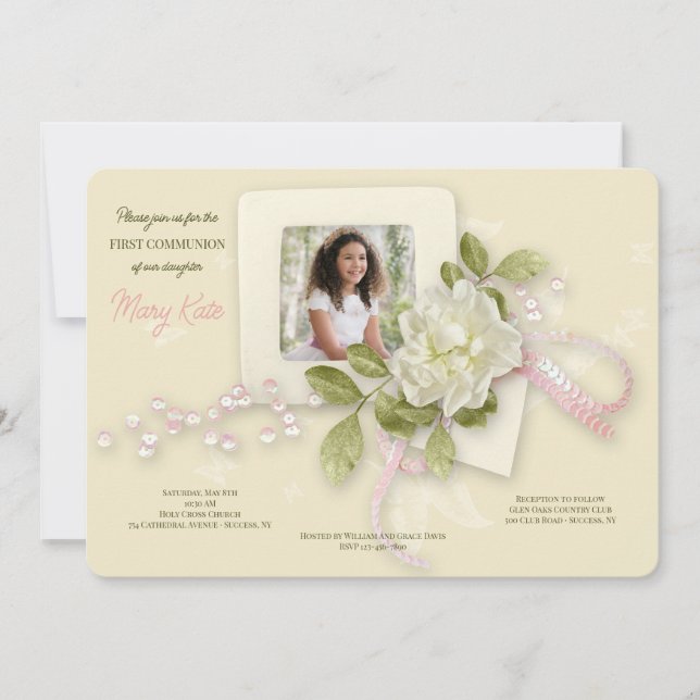 Invitación Comunión fotográfica de Gardenia y Mariposas (Anverso)