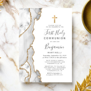 Invitación Comunión Gray Agate Oro Glitter Primero