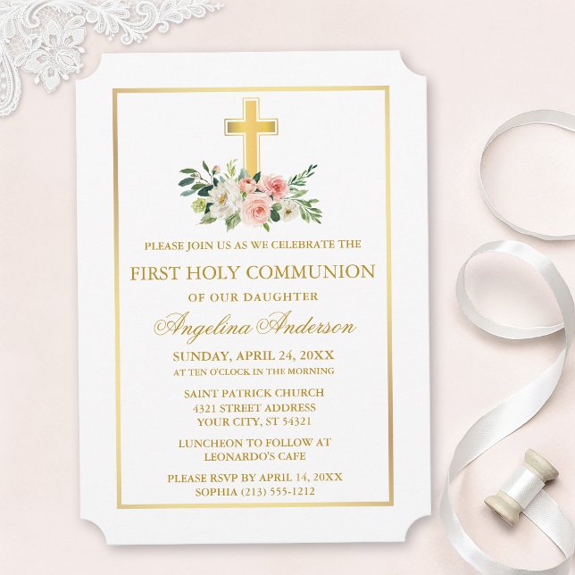 Invitación Comunión Marco Dorado Floral Rosa Blanco Acuarela (Customize to change text size, text style or color.)