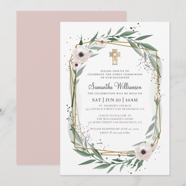 Invitación Comunión para su moderna Cruz Floral Geométrica (Anverso / Reverso)