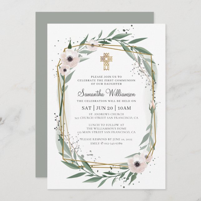 Invitación Comunión para su moderna Cruz Floral Geométrica (Anverso / Reverso)