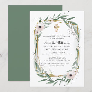 Invitación Comunión para su moderna Cruz Floral Geométrica