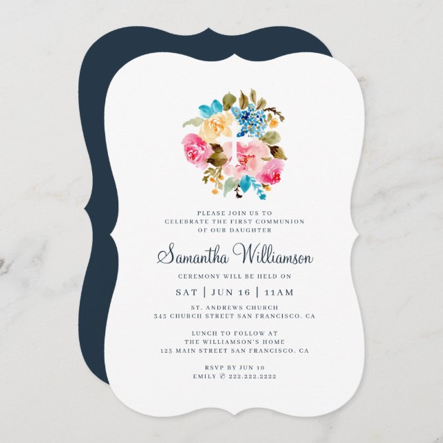 Invitación Comunión por su cruz floral acuarela (Anverso / Reverso)