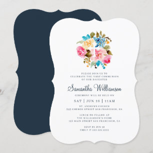 Invitación Comunión por su Cruz Floral Acuarela