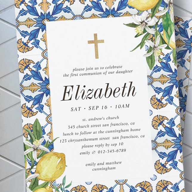 Invitación Comunión por sus azulejos mediterráneos limoneros (Subido por el creador)