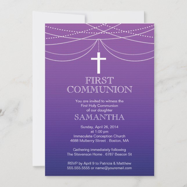 Invitación Comunión púrpura moderna de la cruz de la (Anverso)