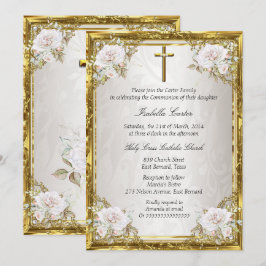 Invitación Comunión Rosa Oro Beige Perla Damask Cruz