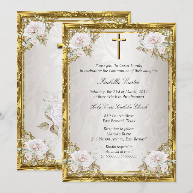 Invitación Comunión Rosa Oro Beige Perla Damask Cruz (Anverso / Reverso)