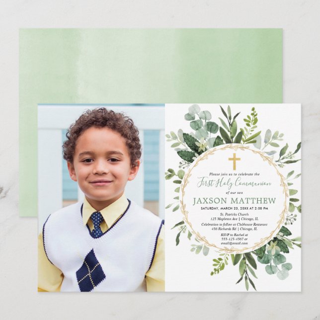 Invitación Comunión sagrada de Eucalipto, verde foto moderna (Anverso / Reverso)
