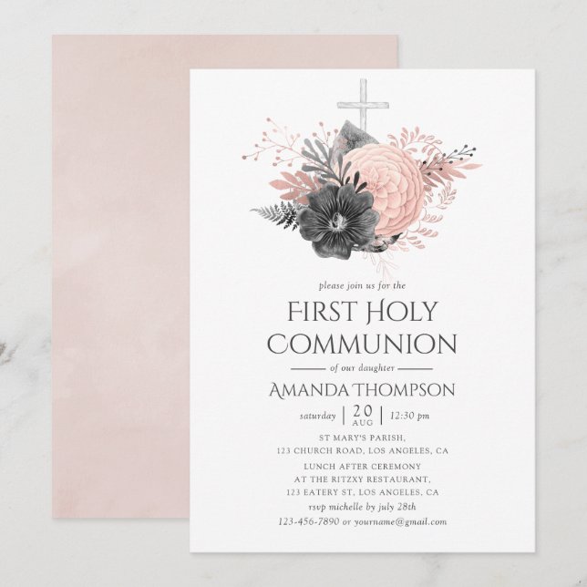 Invitación Comunión sagrada de la flor rosa y carbonífera de  (Anverso / Reverso)